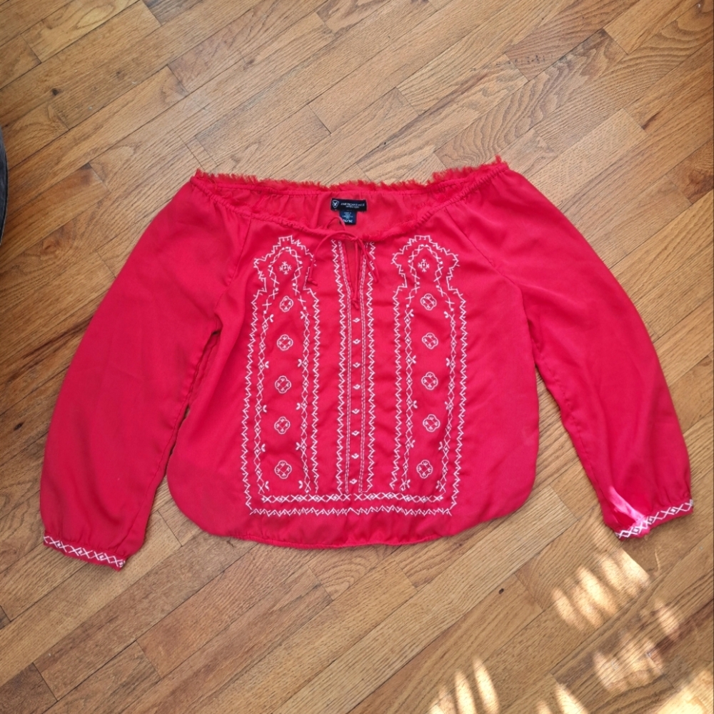 American Eagle Coral Red Embroidered Blouse Sz M
